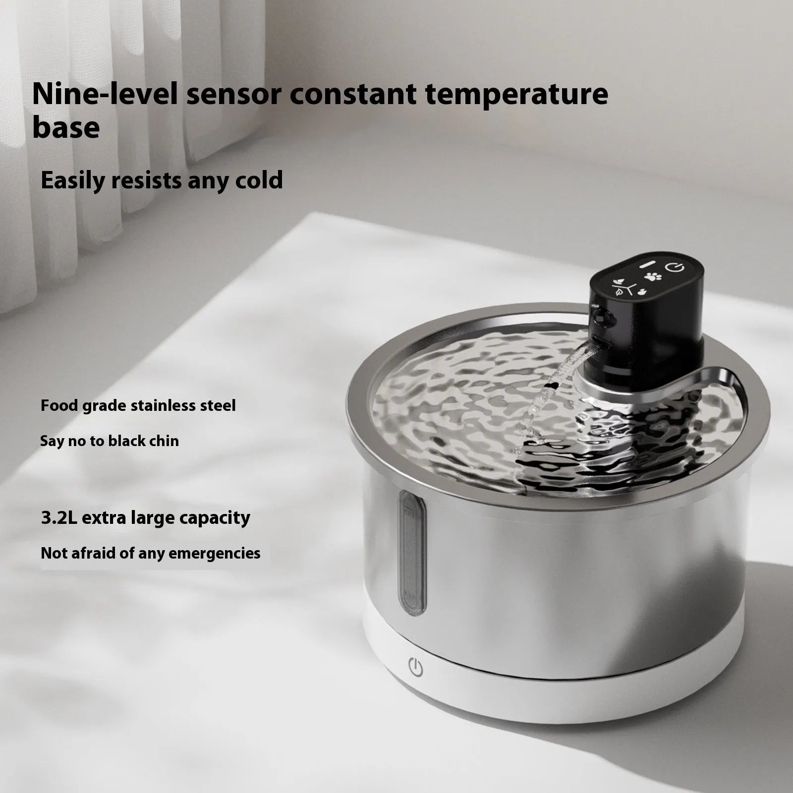 White stainless steel pet water fountain with ceramic base and temperature control display