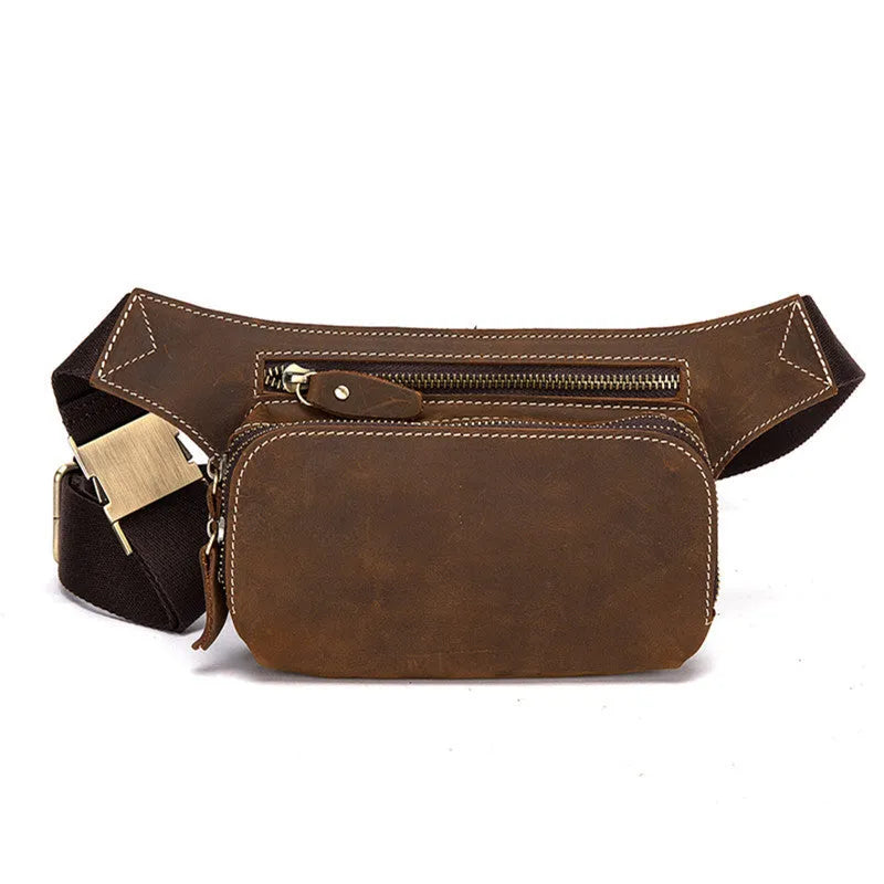 Brown top layer cowhide men's sports waist bag with pull closure, showing size and interior phone pocket.