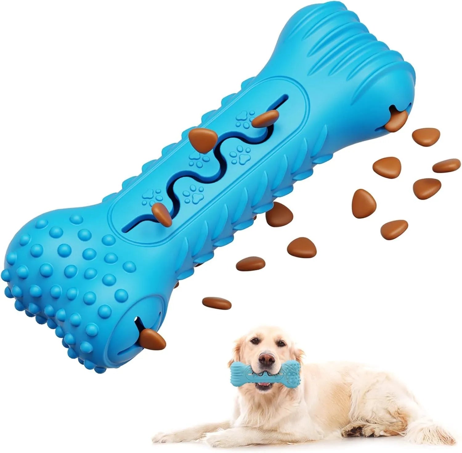 Natural rubber bone-shaped dog chew toy for aggressive chewers in blue, green and orange colours