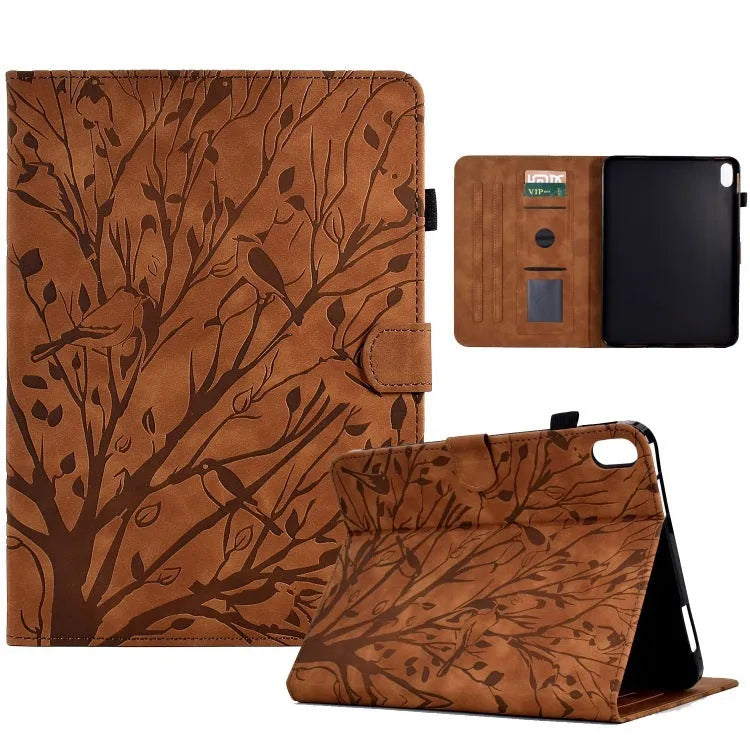 Imitation leather tablet case in khaki colour showing the adjustable stand opened for use.