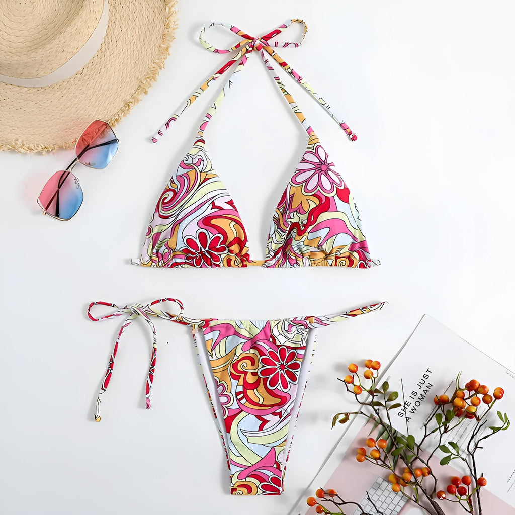 Women's triangle printed bikini set with hanging neck design in multicolor pattern