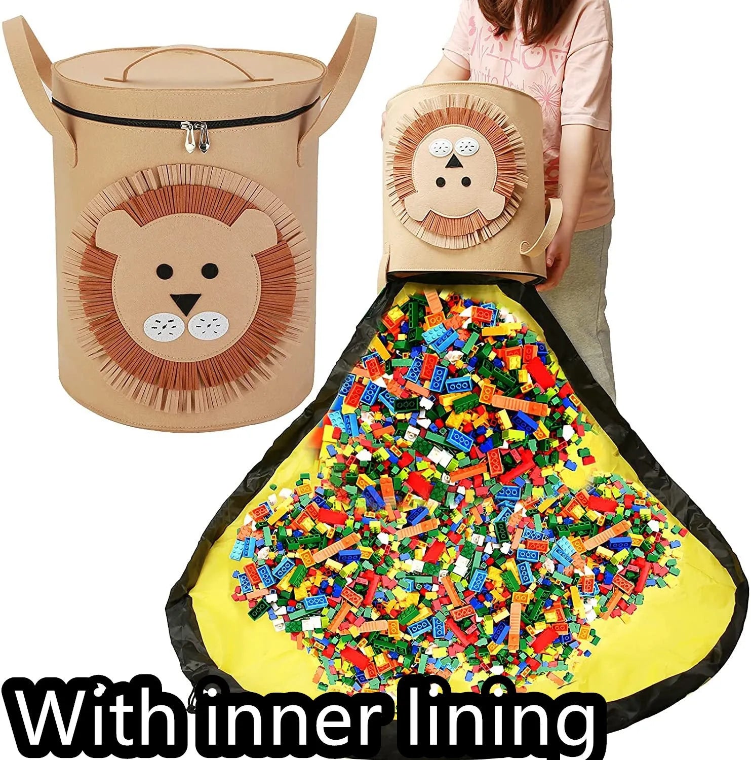 Green felt cube storage bag with pull rope laid flat as play mat for toy organisation