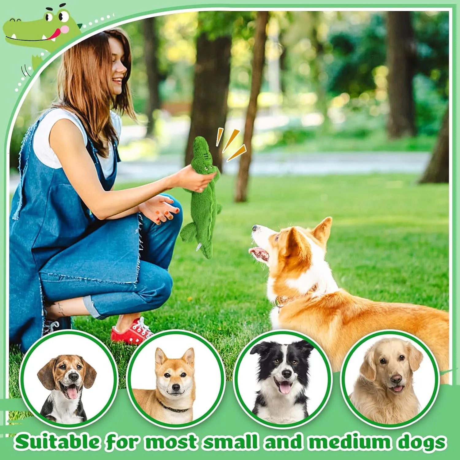 Dark green plush crocodile dog toy with squeaker for aggressive chewers measuring 20cm long