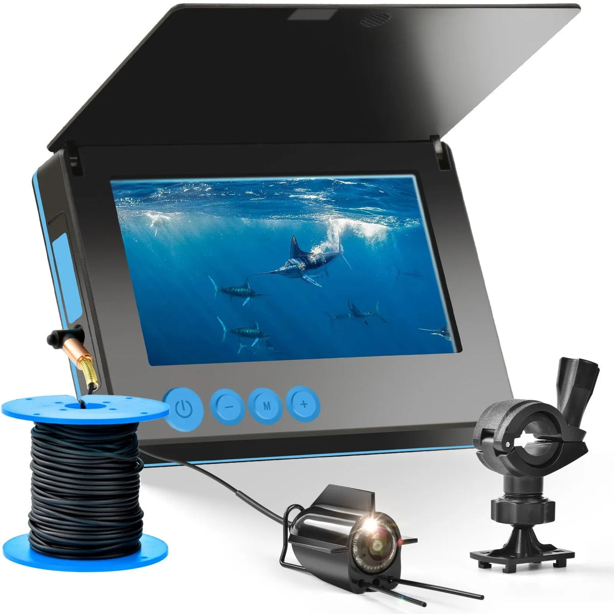 Underwater fishing finder camera system with 4.3-inch screen and submarine-style camera on a long cable.