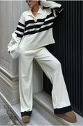 Women's black and white striped polo shirt with contrast collar and matching trousers casual two-piece set
