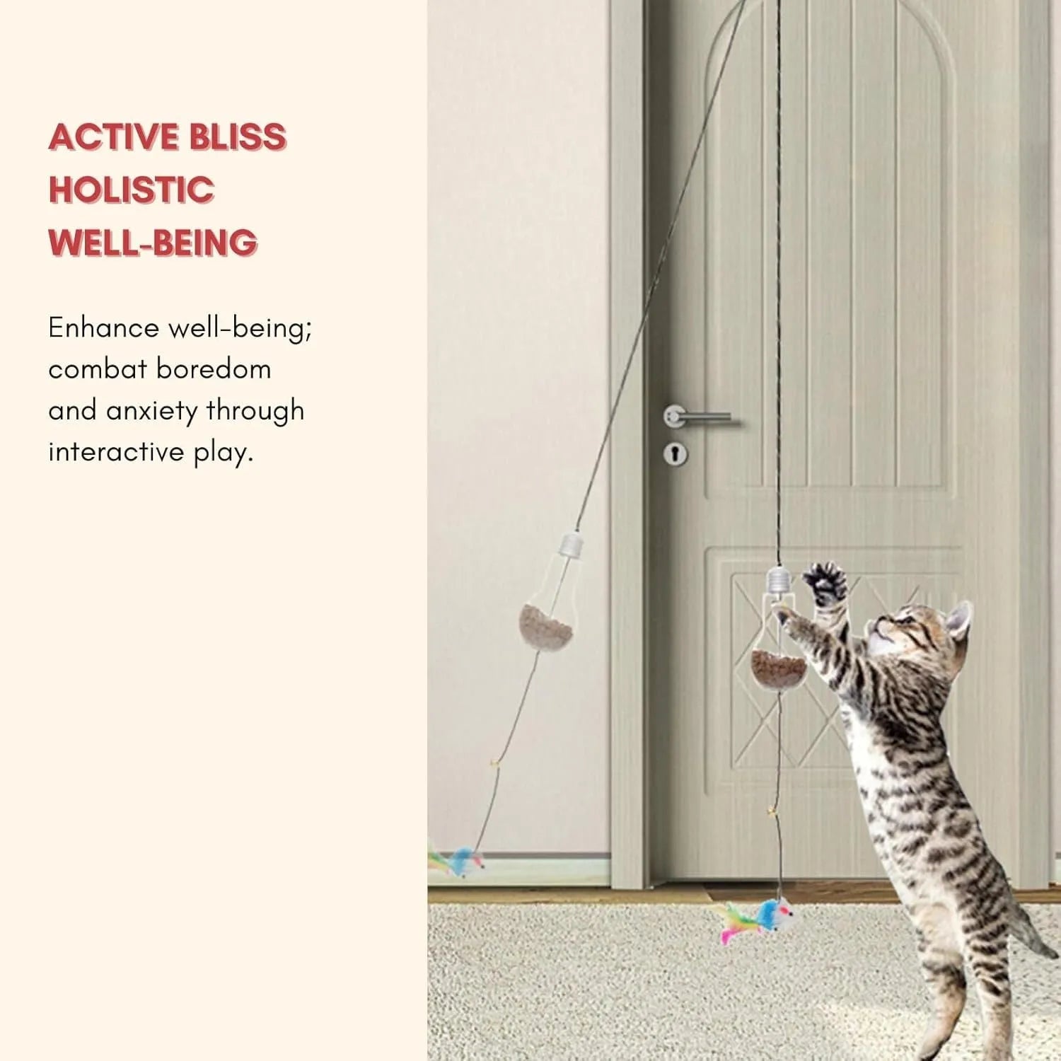 Interactive cat toy hanging from door frame with elastic rope and dangling mouse toy