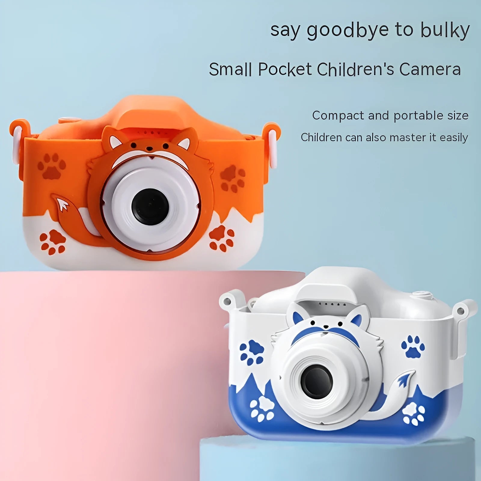 Blue HD cartoon children's digital camera with compact design on a lanyard.