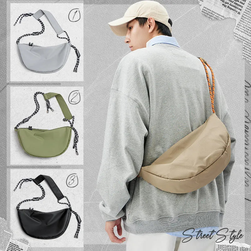 Nylon messenger bag for men in black colour showing large capacity design with shoulder strap