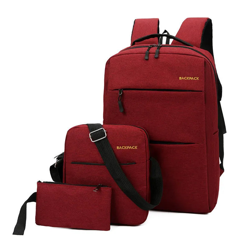 Men's USB charging three-piece nylon computer bag set in wine red, shown with internal compartments.