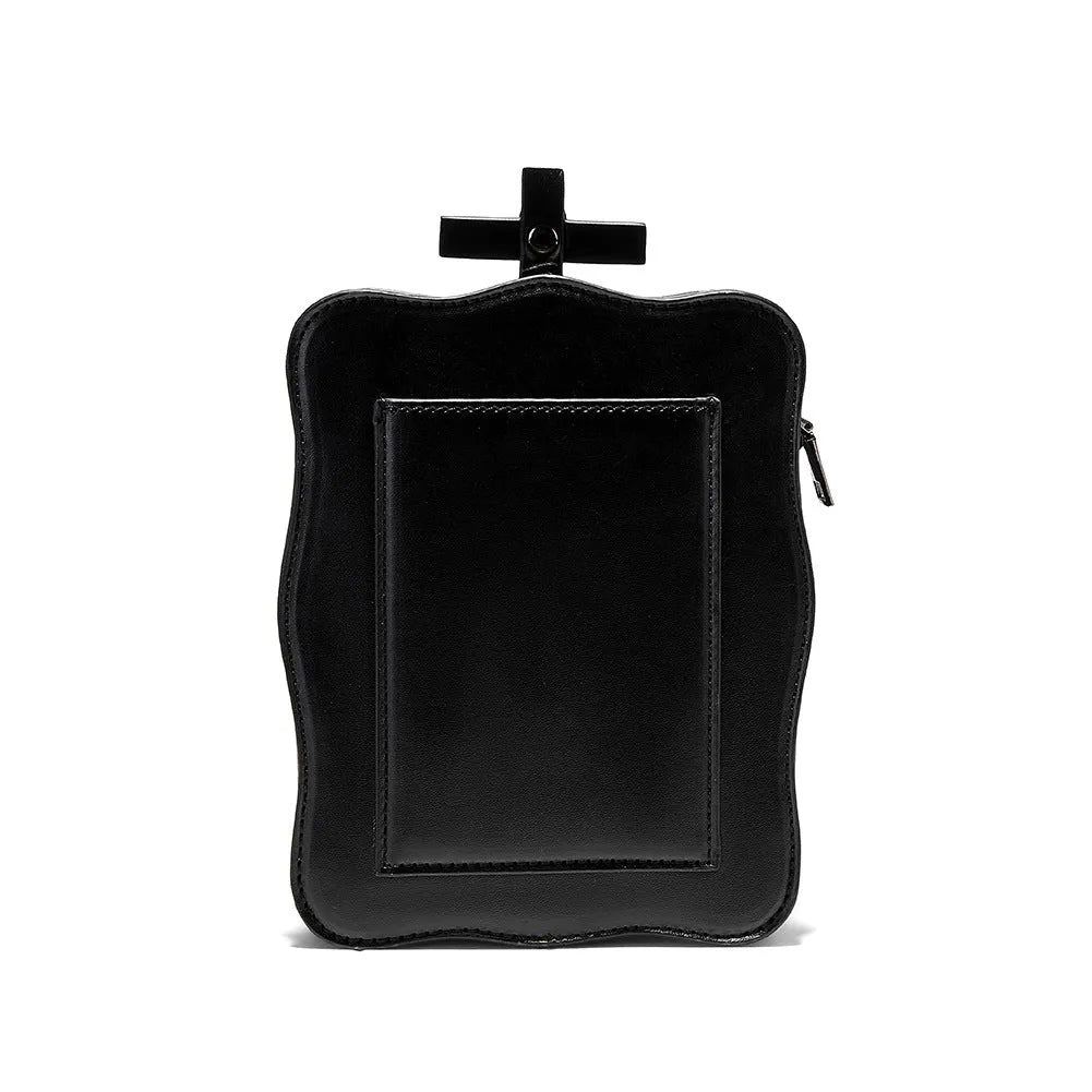 Black gothic skull shoulder bag with square messenger shape and decorative metal details