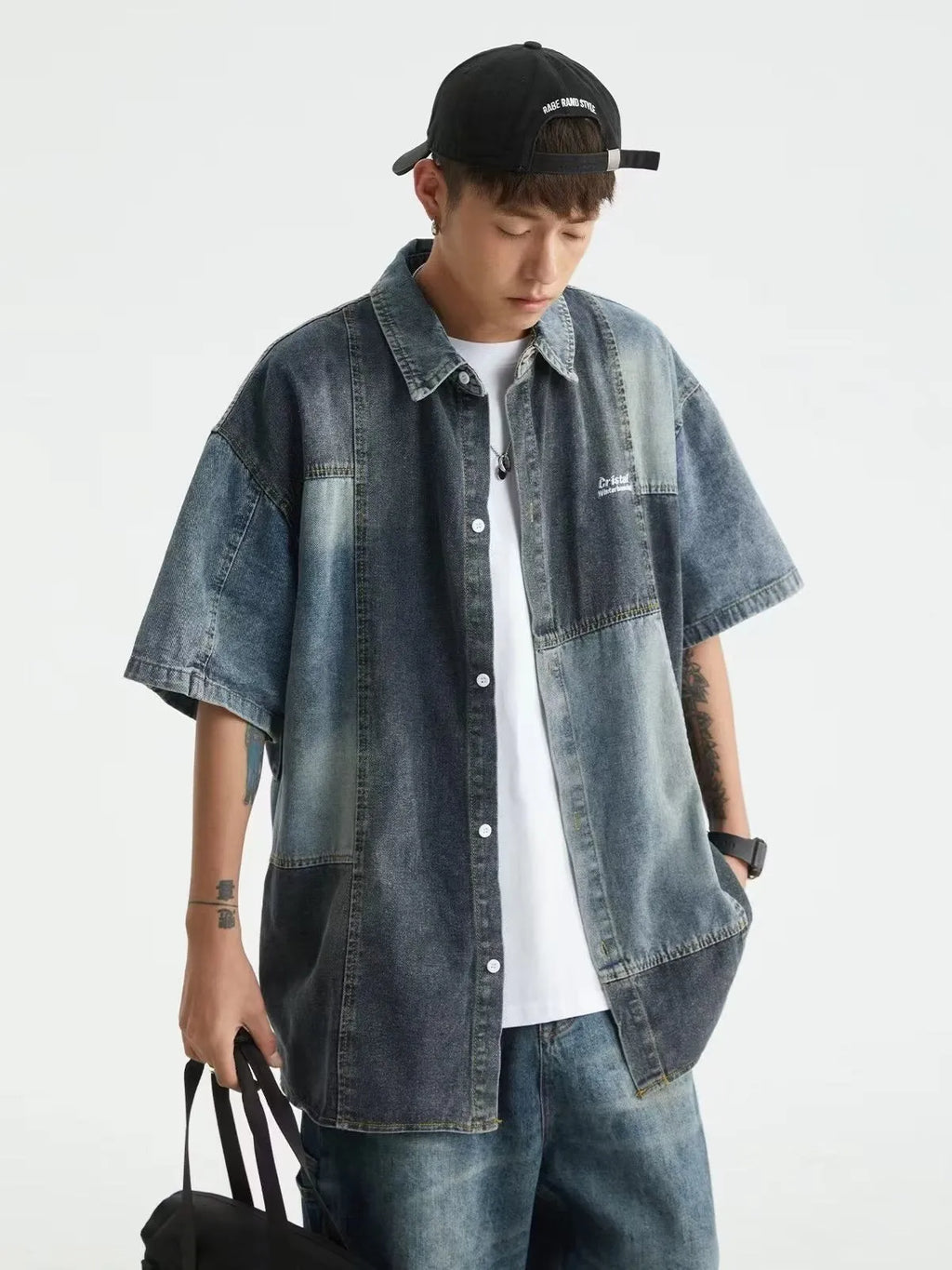 Blue Japanese-style retro denim shirt with washed stitching details, loose cardigan fit