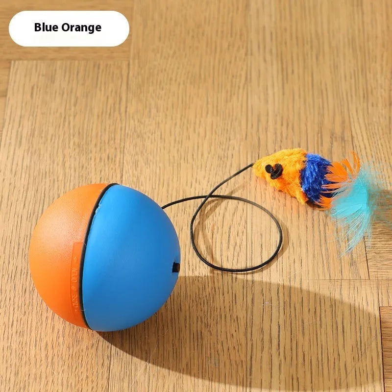 Automatic cat teaser ball toy with plush mouse attachment in blue-orange colour