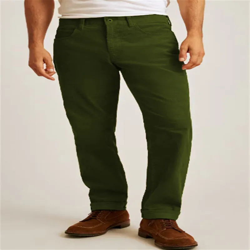 Corduroy loose casual straight-leg trousers in Army Green colour on a model