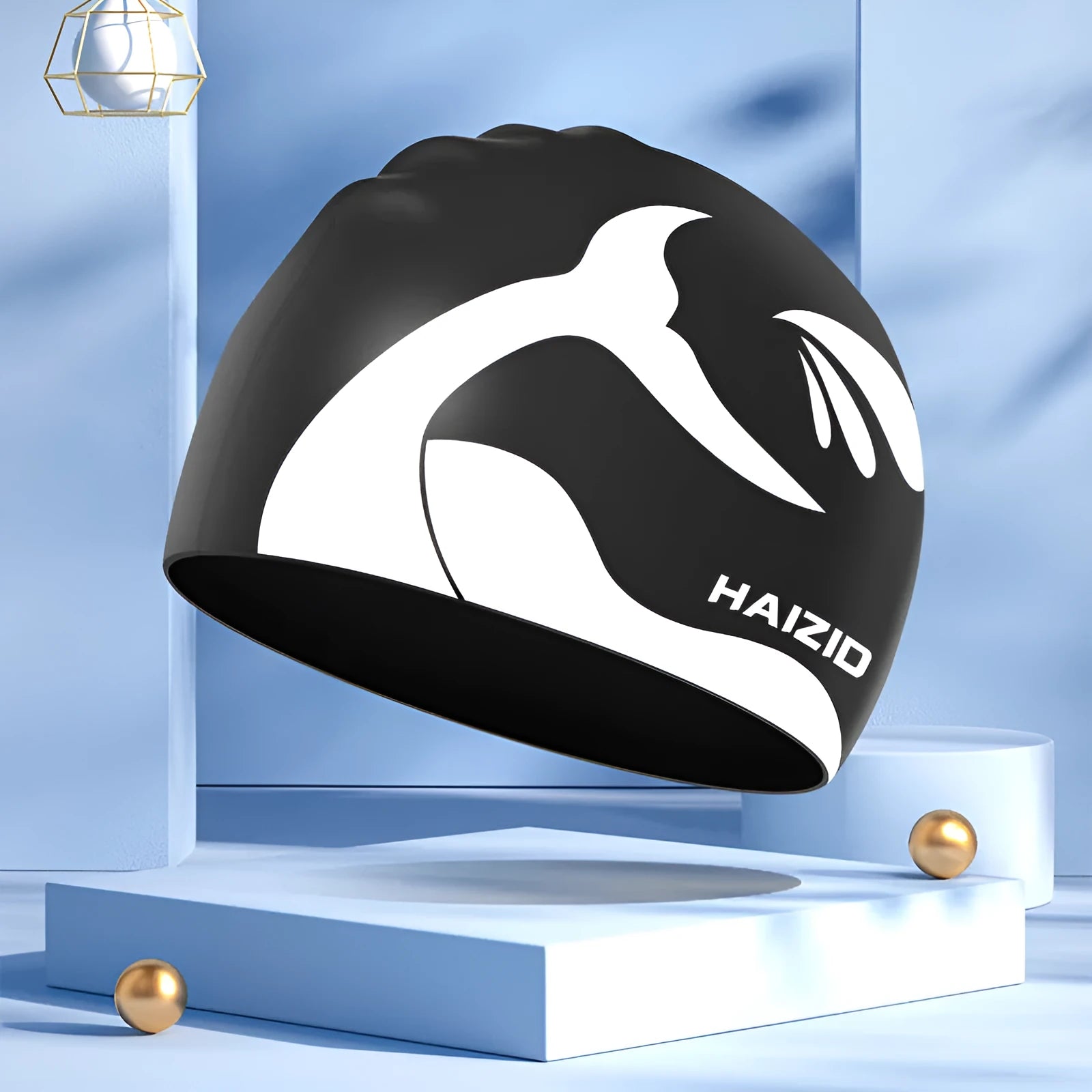 Whale tail pattern silicone swim cap with waterproof ear protectors in black colour option