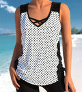 Women's printed split boxer swimsuit set showing bikini top and matching shorts