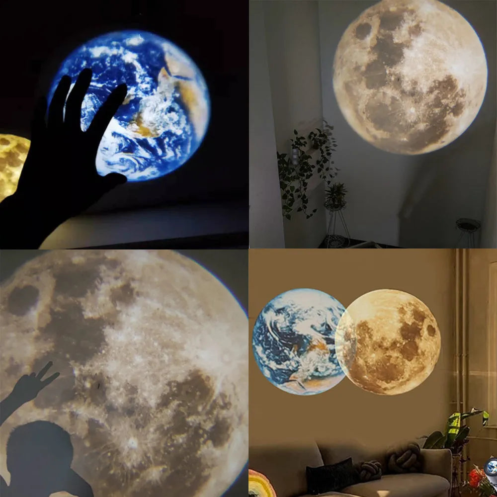 White star projector lamp with adjustable hose projecting an image of the earth onto a wall.