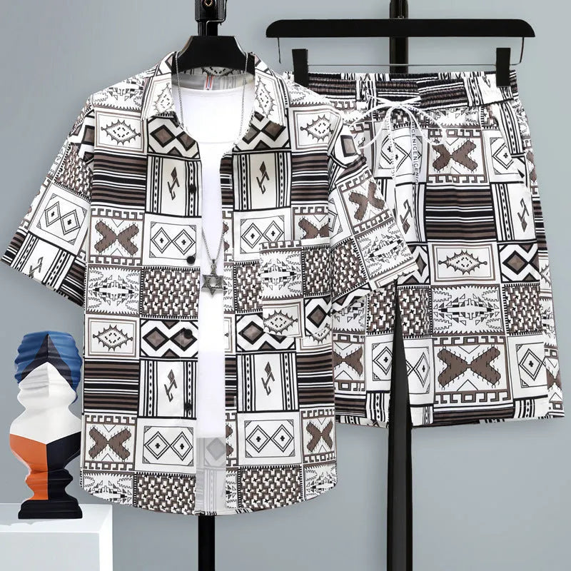Men's grey casual sports two-piece set with short sleeve top and shorts on a hanger.