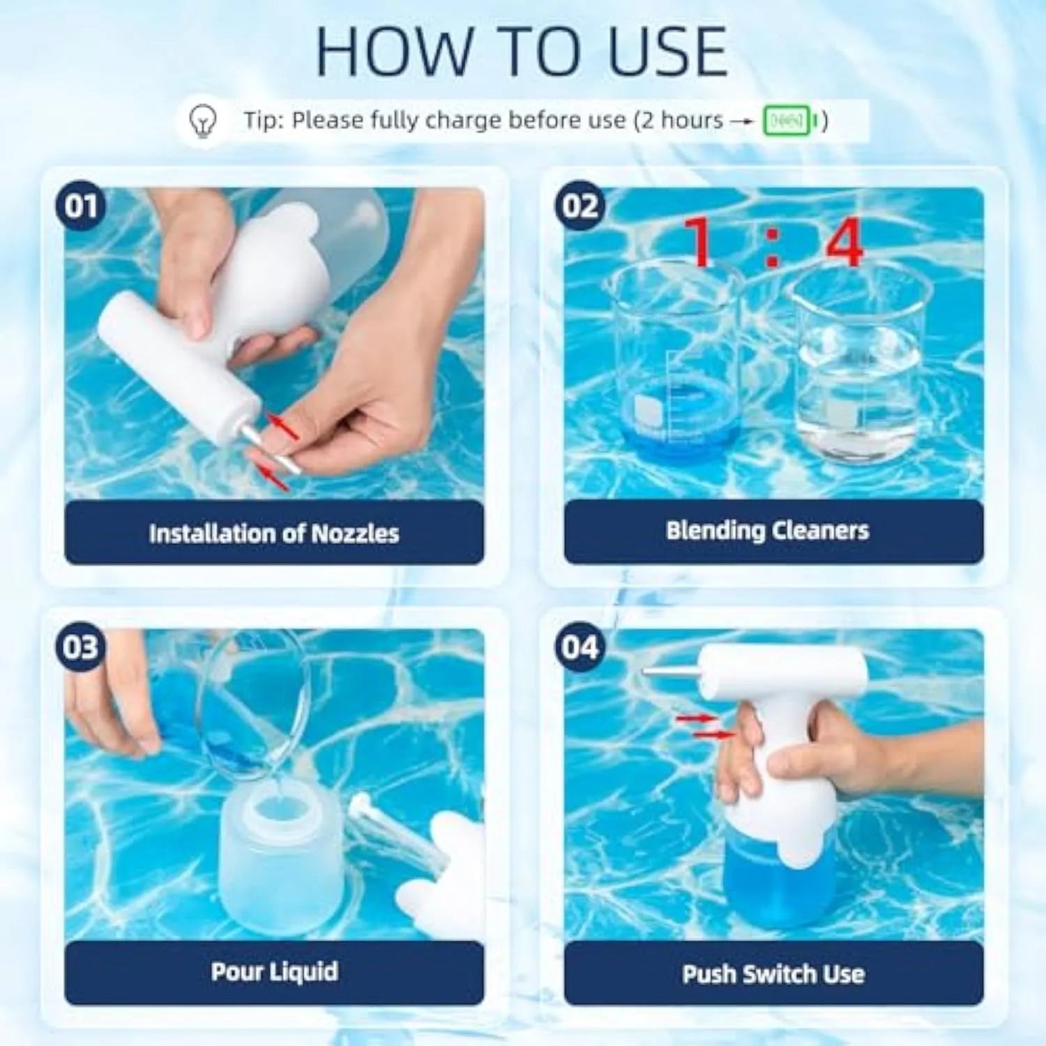 White electric foam soap dispenser with USB cable and nozzle attachments for pet and home cleaning