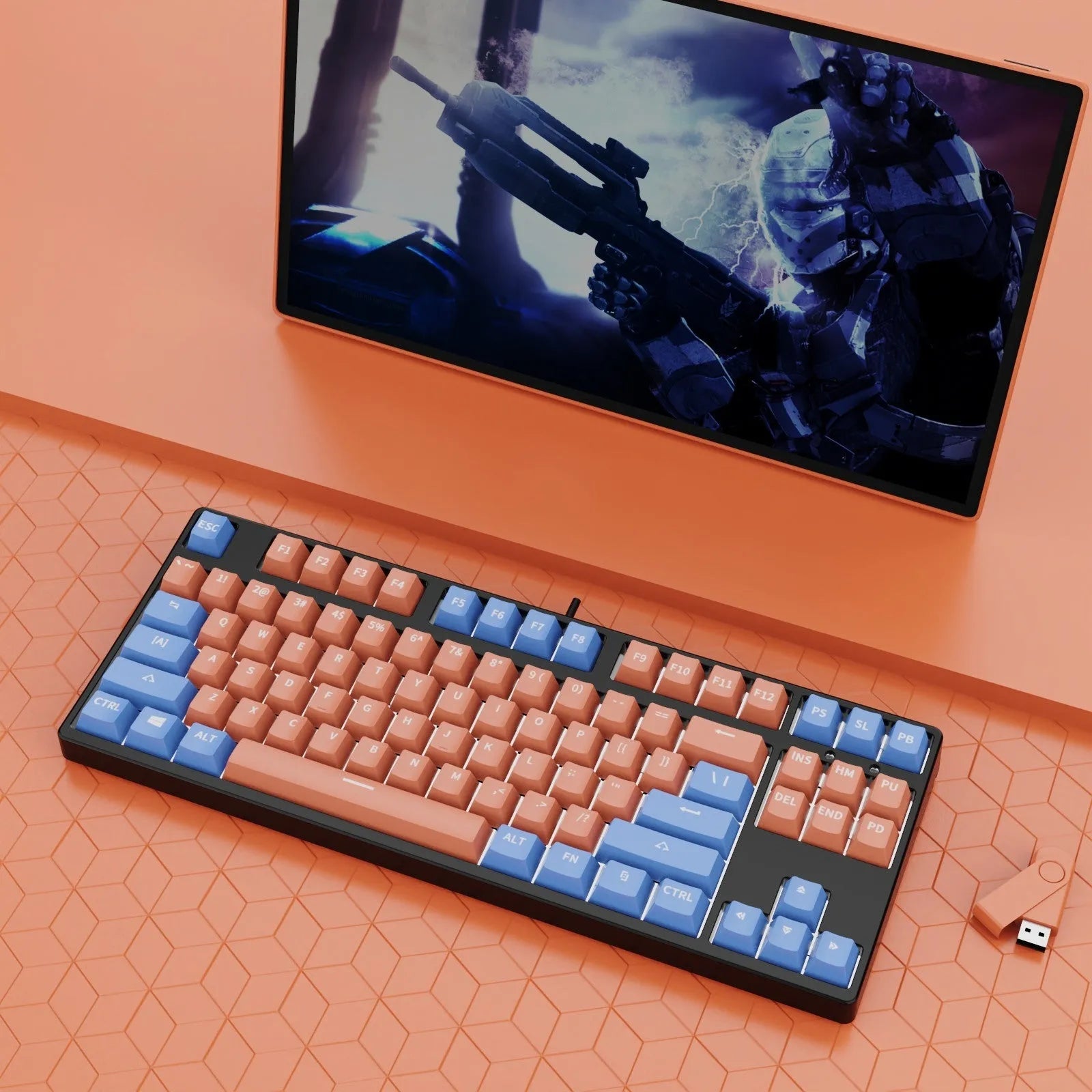 87-key wired mechanical gaming keyboard with multi-colour keycaps on a metal body.