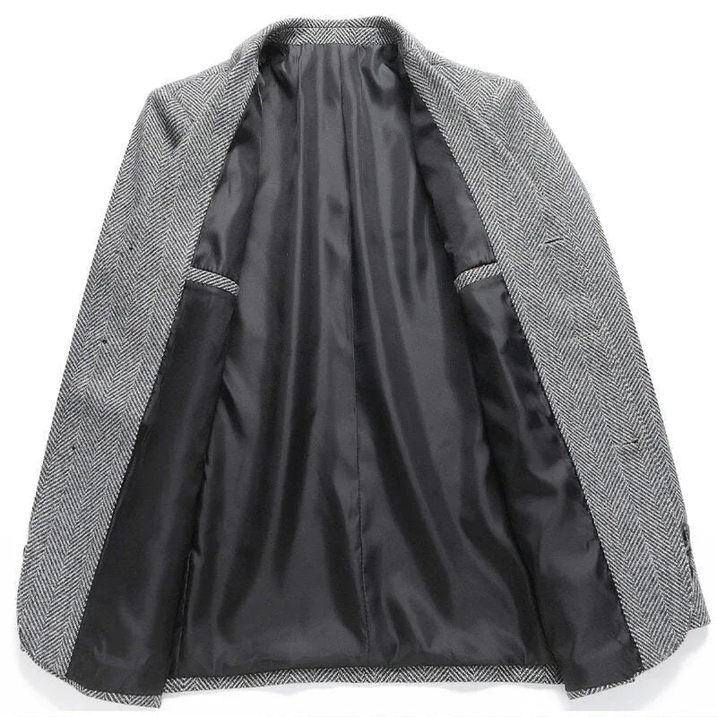 Loose-fit men's woolen coat in black, shown on a model for casual spring or autumn wear.