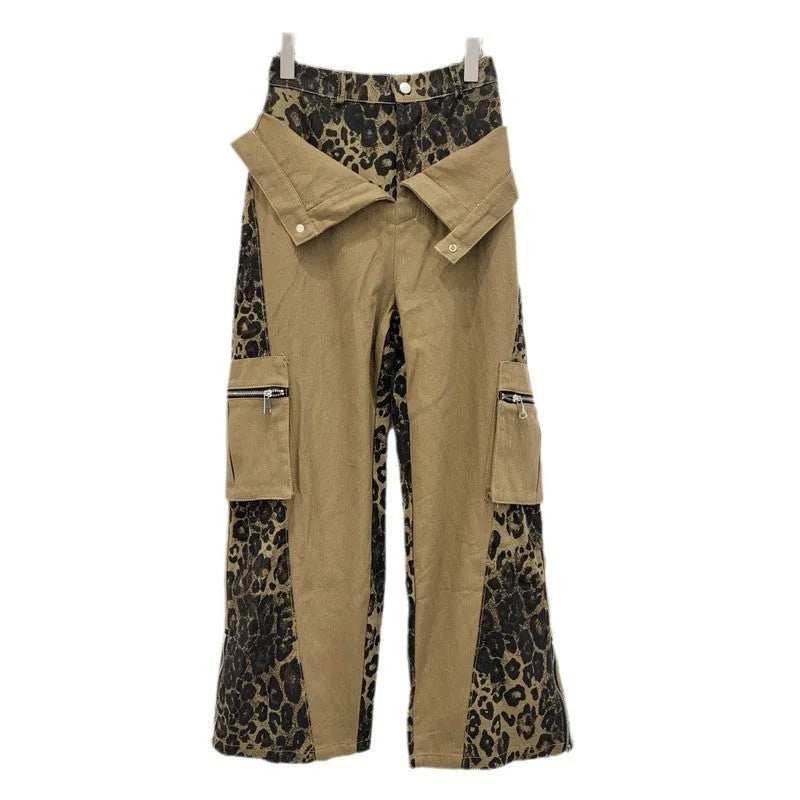 Women's high waist straight leg jeans with leopard print detail on dark khaki denim