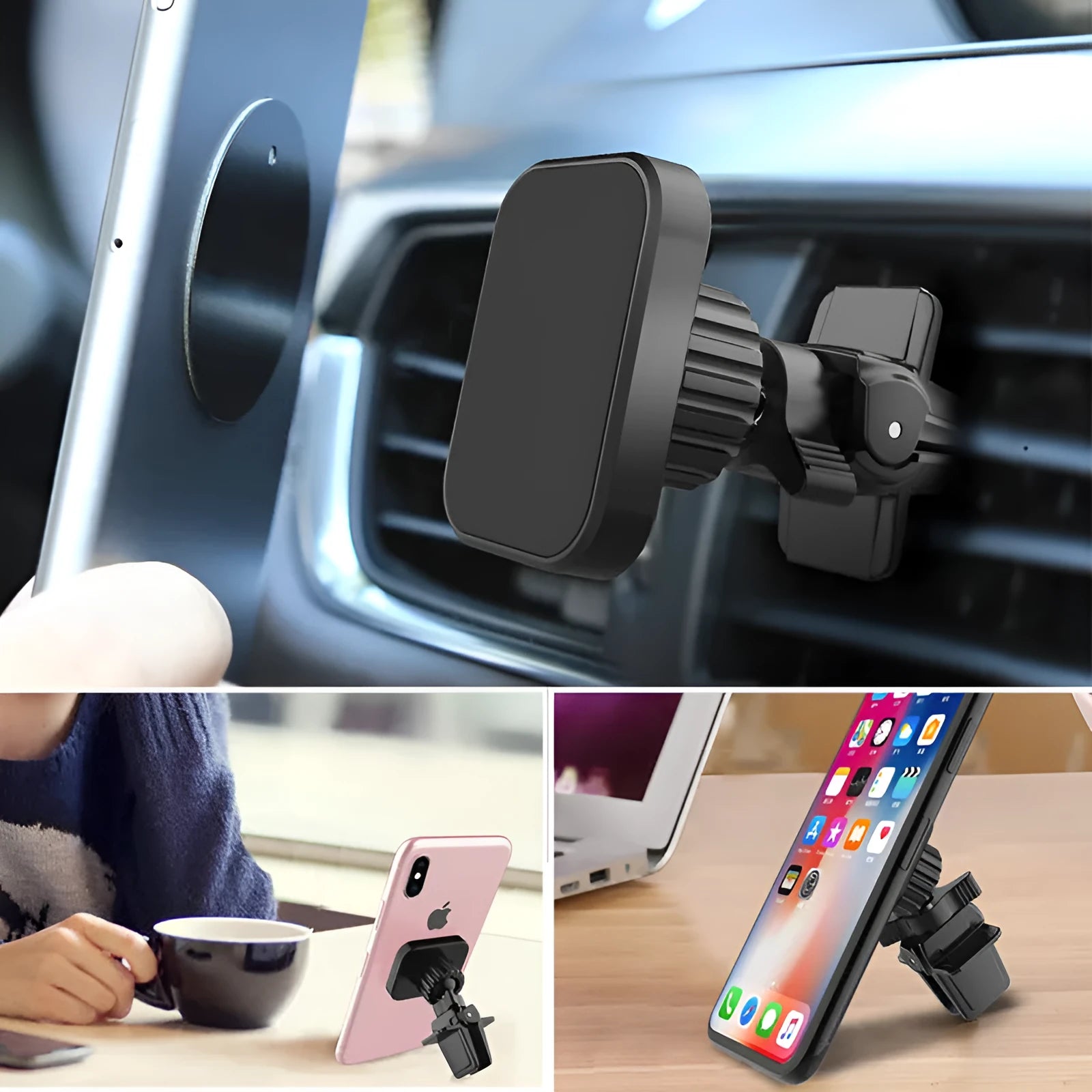 Black car air vent magnetic phone holder with round and square head style options