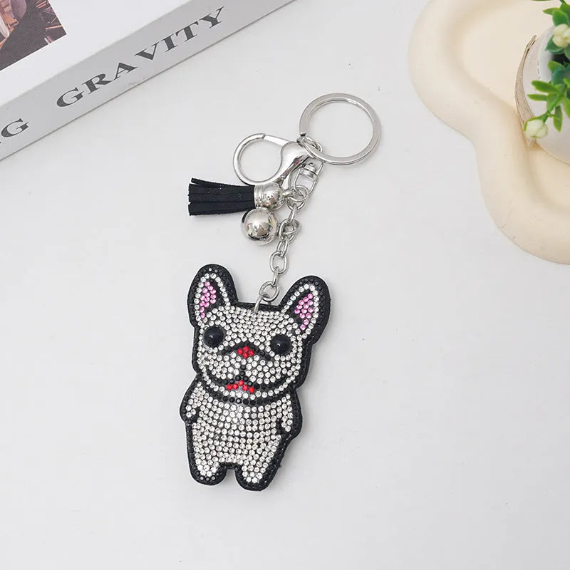 French dog cartoon rhinestone keychain pendant in choice of four colours with alloy electroplated finish