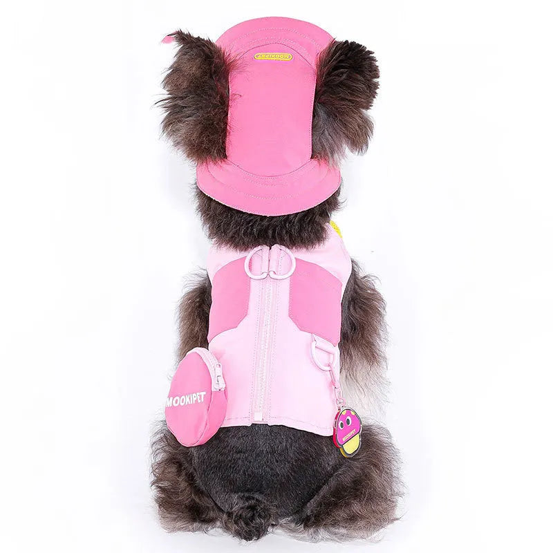 Pink polyester dog vest for small breeds on mannequin showing vest closure