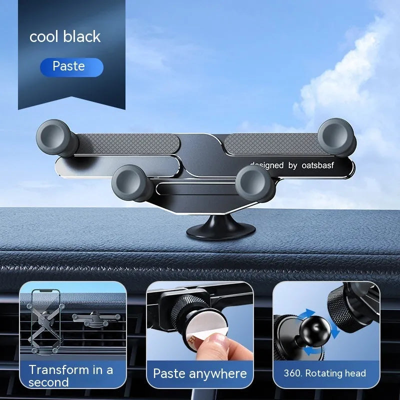 Silver invisible alloy car phone holder mounted on vehicle air outlet with mobile phone in position