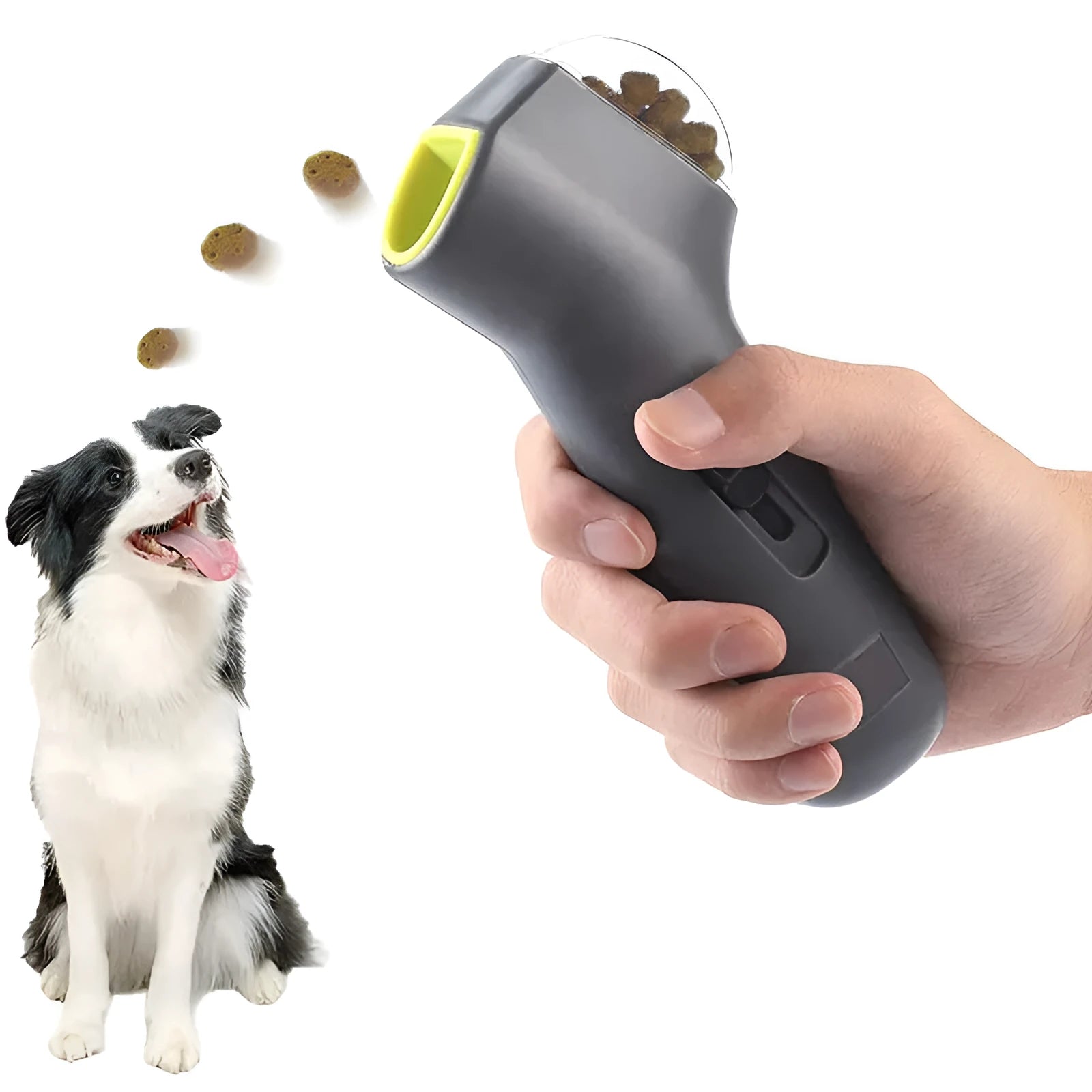 Grey pet snack catapult launcher for dogs and cats, showing compact size and trigger mechanism.