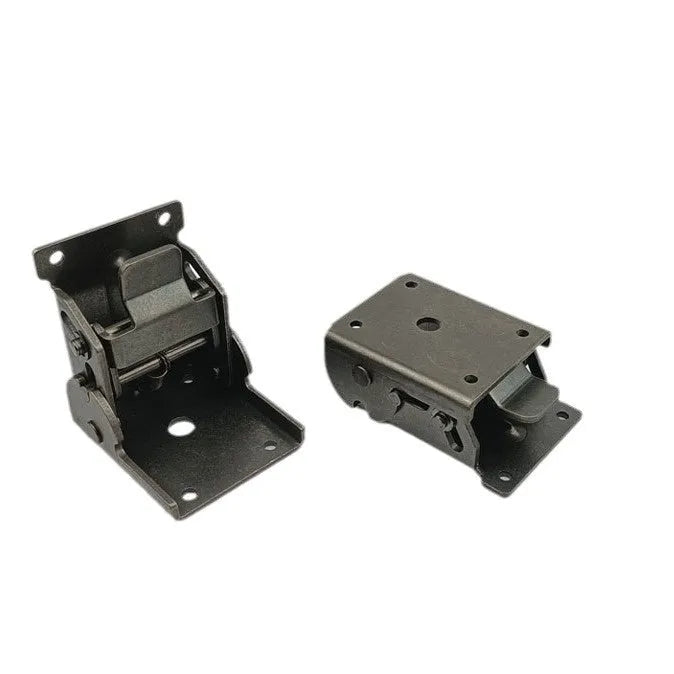 Furniture folding hinge with adjustable angle mechanism in various electroplated finishes including black bronze and nickel silver.