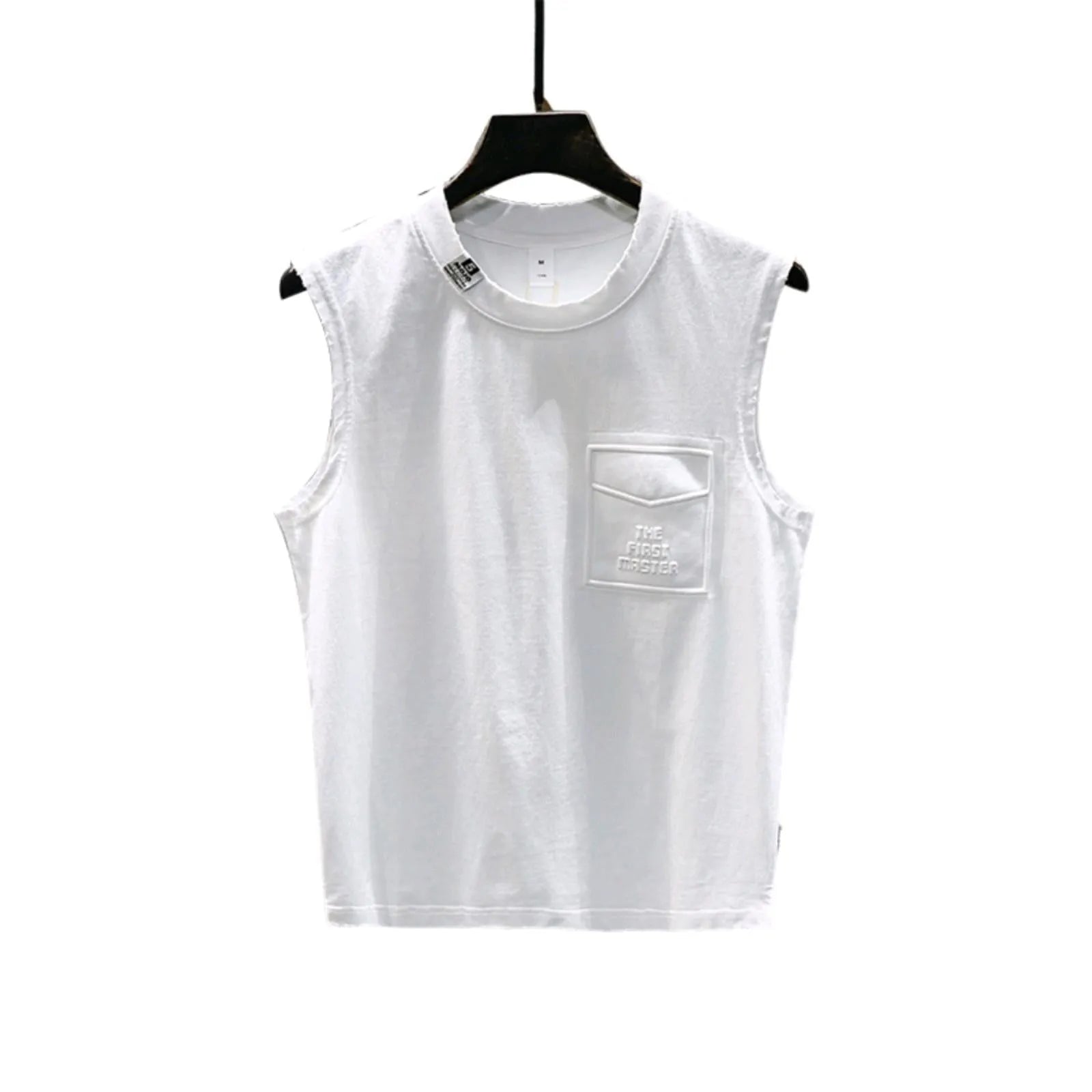 Men's solid colour loose fit cotton sleeveless t-shirt on a hanger