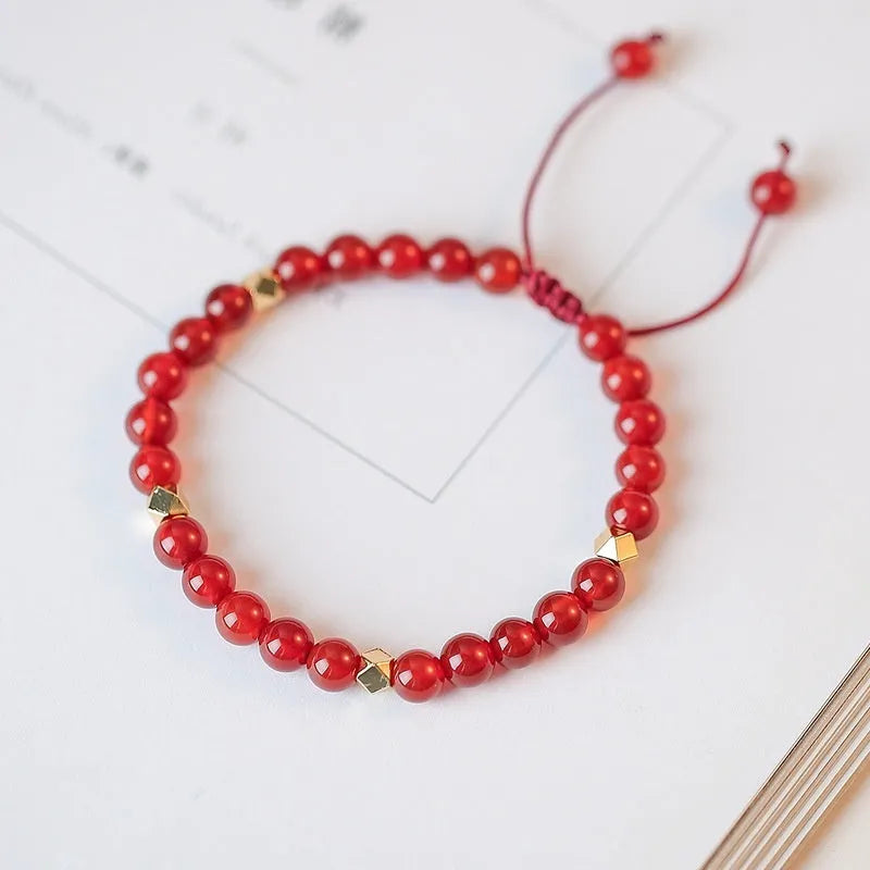 Hand-woven red agate beads bracelet with diamond-shaped beads in ethnic style
