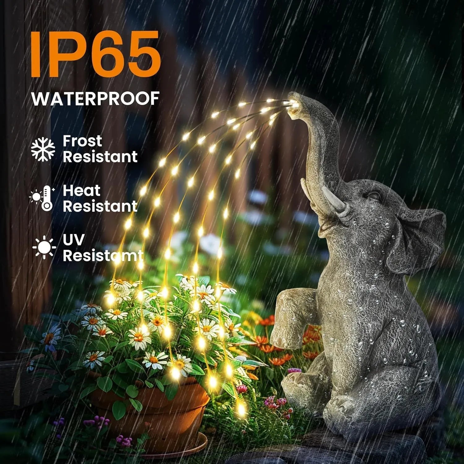 Resin elephant garden statue with integrated LED light strip for outdoor decoration.