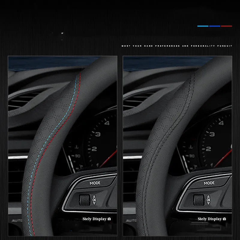 Black Napa leather texture steering wheel cover for Suzuki cars with a 38cm diameter.