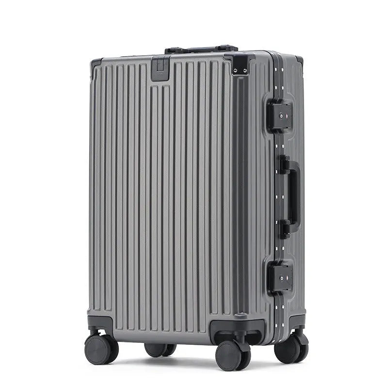 Hard-shell aluminium frame suitcase in avocado green with USB port and universal wheels.