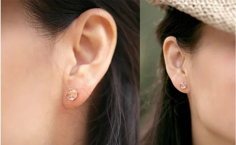 Women's rose gold drop shape stud earrings with synthetic ross quartz crystal inlay, Korean-style minimalist design