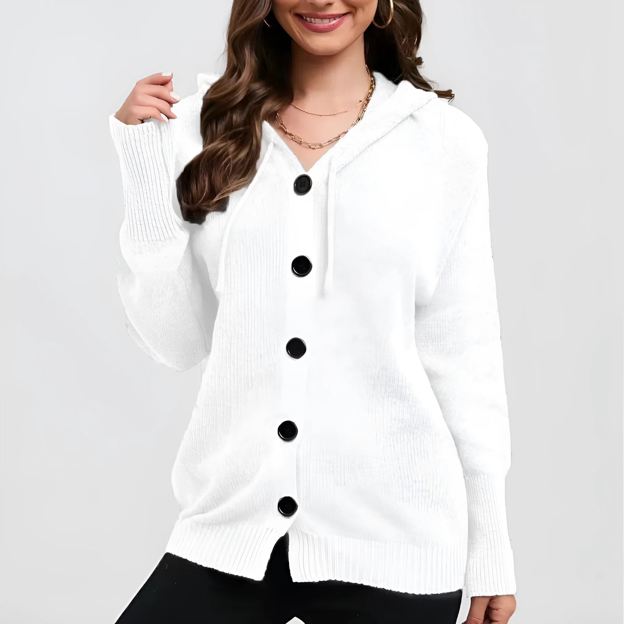 Women's solid colour hooded cardigan sweater in thick cotton fabric with loose fit
