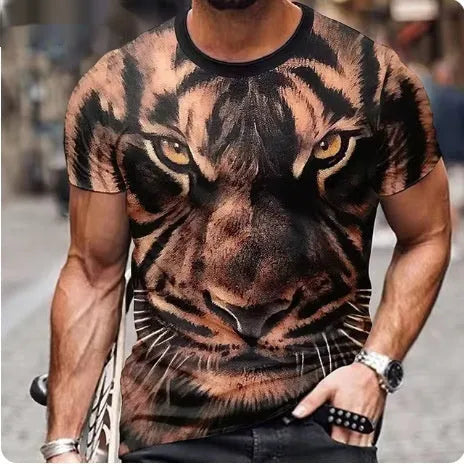 Men's grey T-shirt featuring a large, detailed 3D printed fierce lion graphic on the chest.