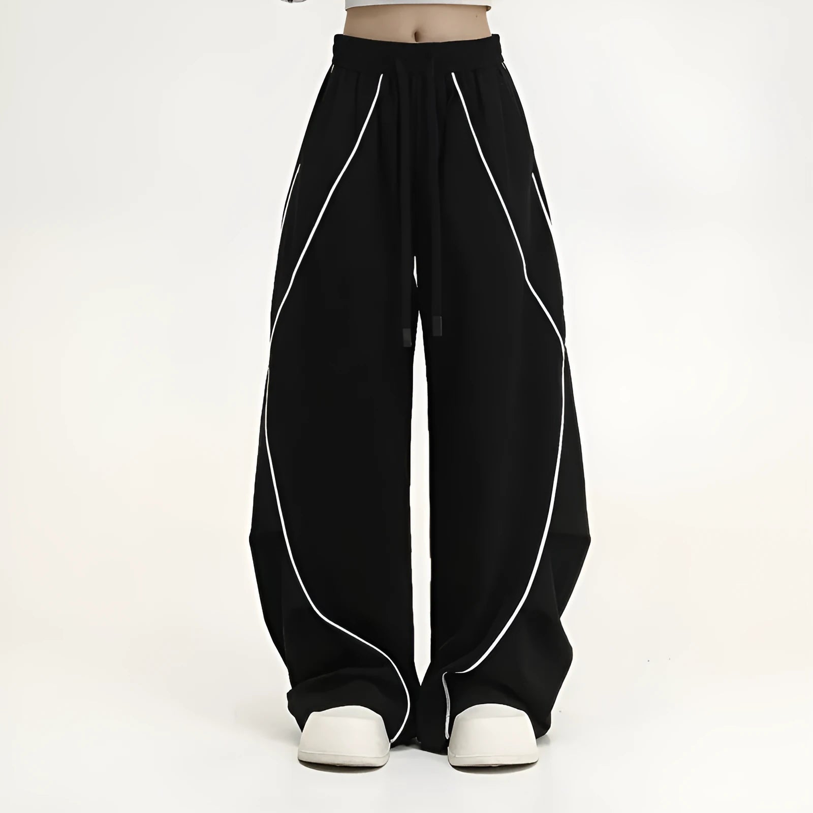 Black striped pleated wide-leg hip hop sports pants in loose fit design
