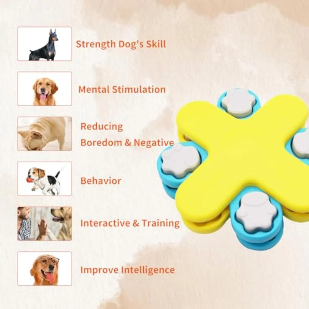 Yellow three-layer rotating dog puzzle feeder with claw-shaped lids and anti-slip rubber base