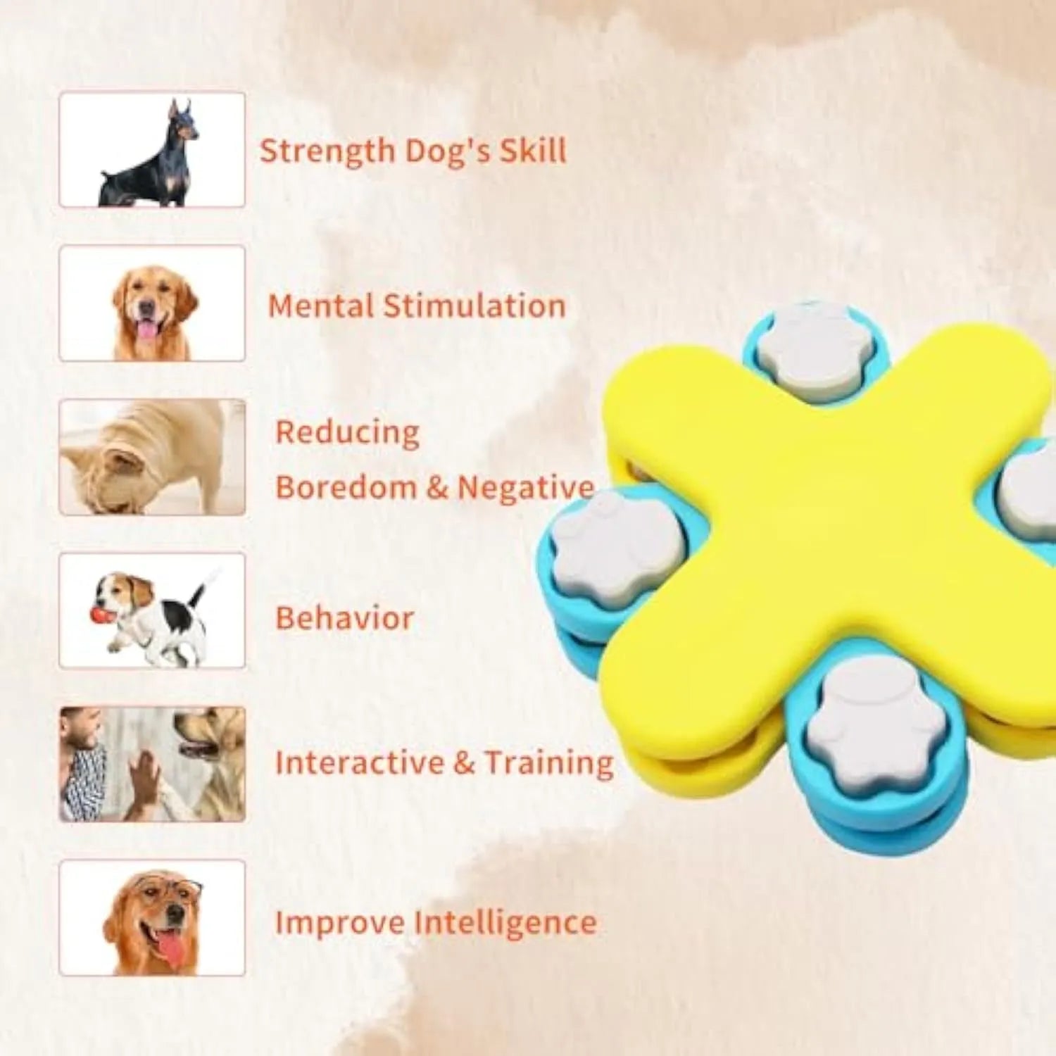 Yellow three-layer rotating dog puzzle feeder with claw-shaped lids and anti-slip rubber base