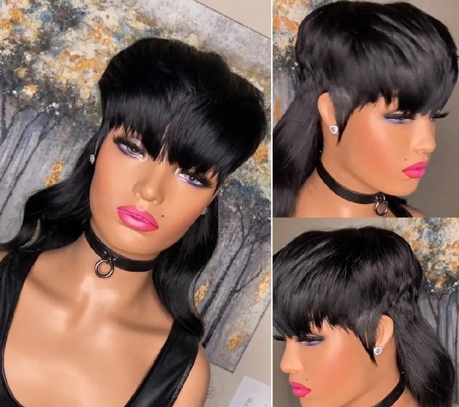 Black Brazilian synthetic wig with bangs and front short back long hairstyle