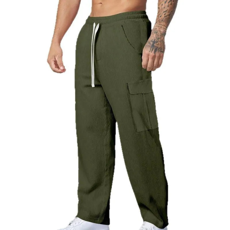 Men's corduroy cargo trousers in wide-leg straight cut with drawstring waist autumn casual pants