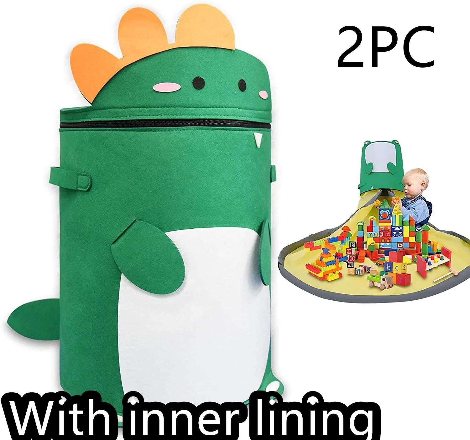 Green felt cube storage bag with pull rope laid flat as play mat for toy organisation