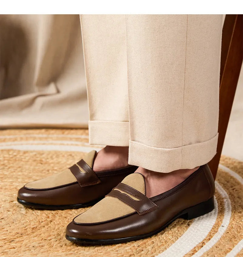 Coffee grey suede leather men's slip-on loafers with a rubber sole.