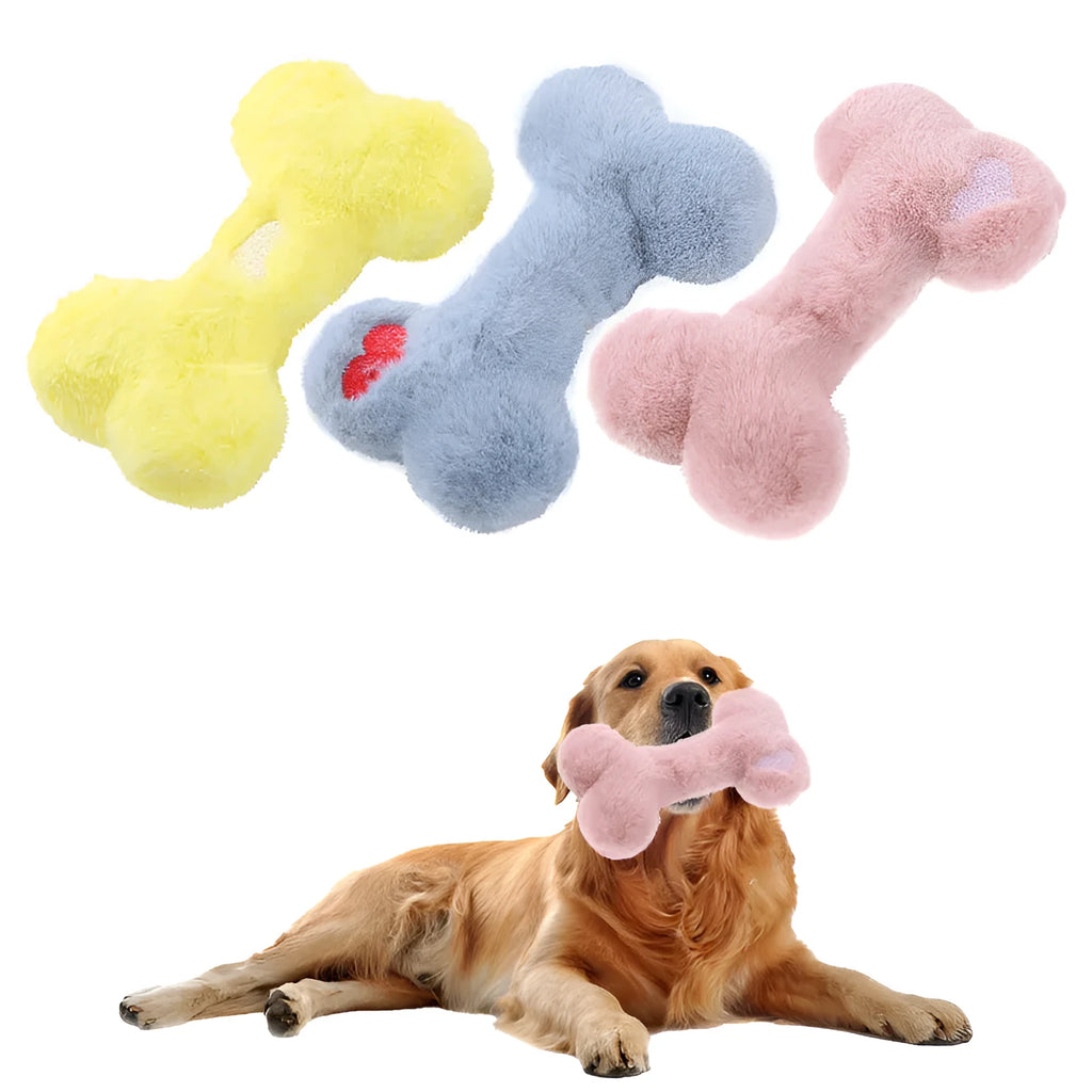 Blue plush bone-shaped dog toy with a squeaker, labelled Grinding Teeth, on a plain background