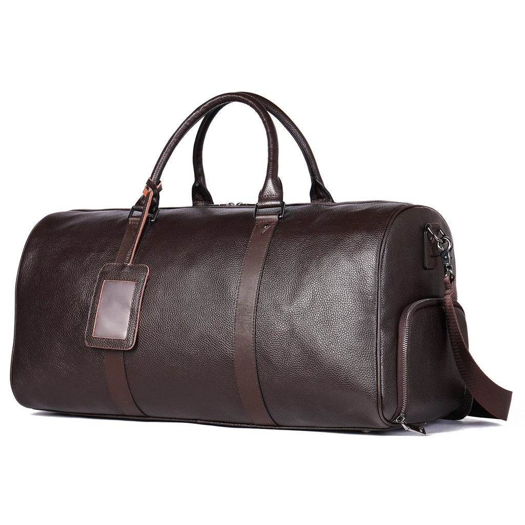 Men's black leather excursion travel bag with single shoulder strap and large capacity
