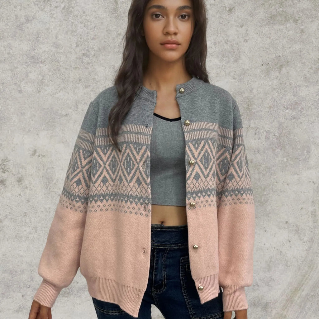 Women's red alpaca wool cardigan with diamond knit pattern and long sleeves