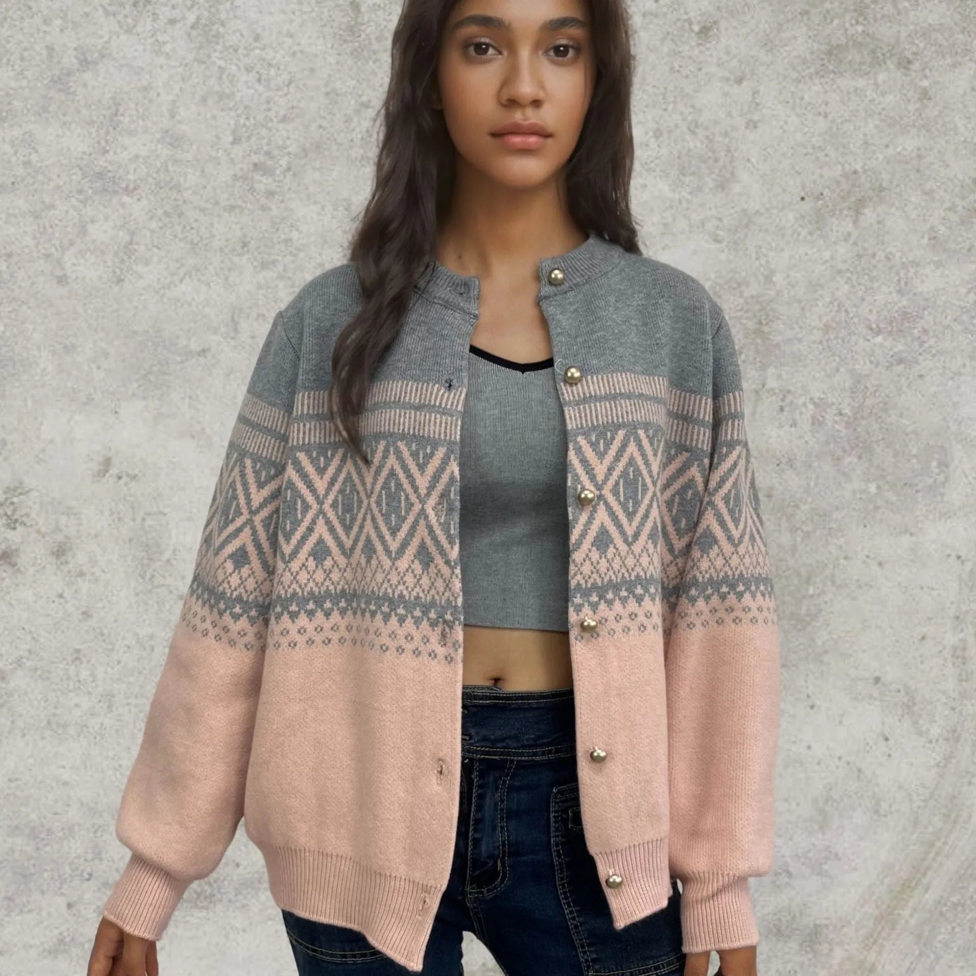 Women's red alpaca wool cardigan with diamond knit pattern and long sleeves